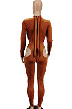 Brown Women Fashion Hollw Out Solid Color Long Sleeve Mid Waist Bodycon Jumpsuits PU6099-1