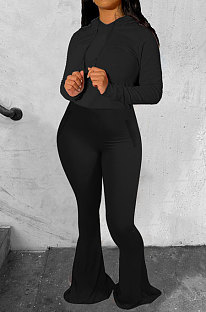 Black Wholesale Cotton Blend Long Sleeve Hoodie Flare Pants Slim Fitting Solid Color Sets YYF8249-8