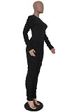 Blue Casual Modest Women Long Sleeve O Neck T-Shirts Pencil Pants Ruffle Solid Color Sets TRS1183-5