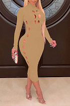 Khaki Women Hollow Out Solid Color Roudn Collar Mid Waist Long Sleeve Midi Dress JR3658-3