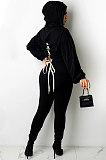 Black Women Sexy Autumn Winter Drawsting Pure Color Crop Tops Pants Sets KZ2143-1