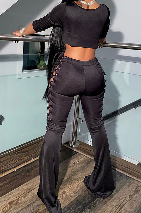Blue Fashion Club Eyelet Bandage Long Sleeve Dew Waist Tops Mid Waist Flare Pants Solid Color Sets MLL177-1