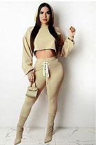 Khaki Women Sexy Autumn Winter Drawsting Pure Color Crop Tops Pants Sets KZ2143-3