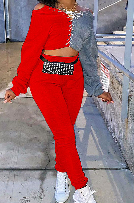 Gray Cotton Blend Casual Spliced Eyelet Bandage Crop Tops High Waist Ankle Banded Pants Sets SM9208-2