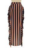 Rose Red Euramerican Women Stripe Printing Tassel Pencil Skirts AL188-6