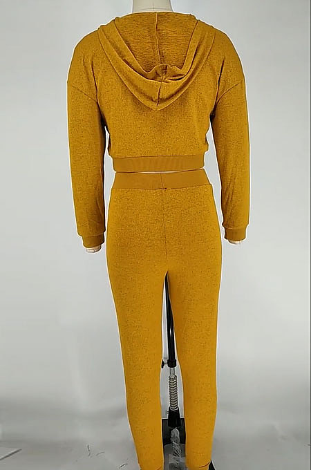 Yellow Whoelsale Sport Long Sleeve Hoodie Sweat Pants Solid Color Casual Sets X9327-1