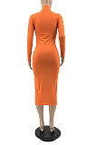 Rose Red Women Hollow Out Solid Color Roudn Collar Mid Waist Long Sleeve Midi Dress JR3658-4