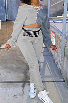 Gray Cotton Blend Casual Spliced Eyelet Bandage Crop Tops High Waist Ankle Banded Pants Sets SM9208-2