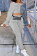 Gray Cotton Blend Casual Spliced Eyelet Bandage Crop Tops High Waist Ankle Banded Pants Sets SM9208-2