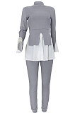 Gray Women Casual Long Sleeve Spliced Puff Sleeve Ruffle Pants Sets JZH8089