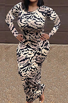 Black Women Round Collar Long Sleeve Printing Tight Sexy Loose Waist Long Dress KZ2142-3
