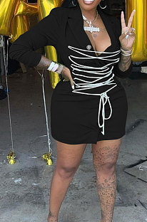 Black Modest Wholesale Long Sleeve Lapel Neck Bandage Suits Jacket Dress HH8986-1