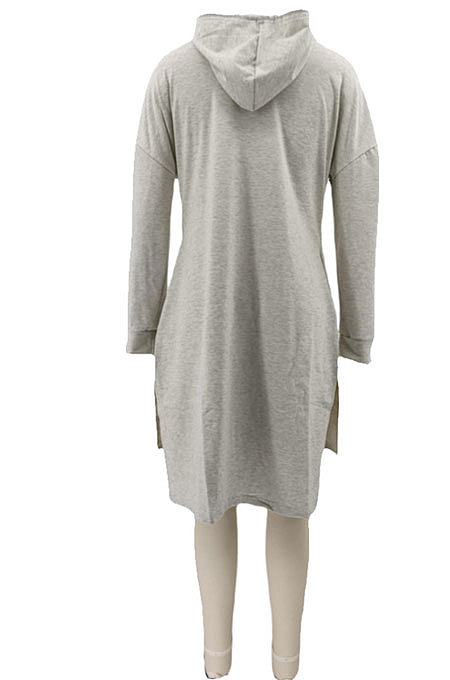 Gray Autumn Winter Lady Loose Long Sleeve Solid Color Round Collar Irregular Mini Dress KZ2140-2