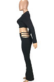 Black Autumn Winter New Long Sleeve Round Neck Dew Waist T-Shirts Flare Pants Solid Color Sets SM9207-1