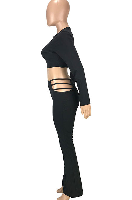 Black Autumn Winter New Long Sleeve Round Neck Dew Waist T-Shirts Flare Pants Solid Color Sets SM9207-1