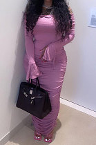 Purple Women Horn Sleeve  A Word Shoulder Pure Color Shirred Detail Long Dress JZH8088