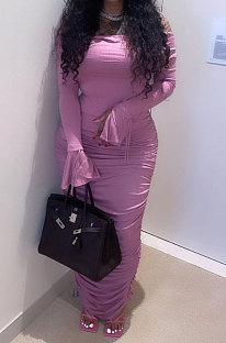 Purple Women Horn Sleeve  A Word Shoulder Pure Color Shirred Detail Long Dress JZH8088