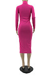 Rose Red Women Hollow Out Solid Color Roudn Collar Mid Waist Long Sleeve Midi Dress JR3658-4
