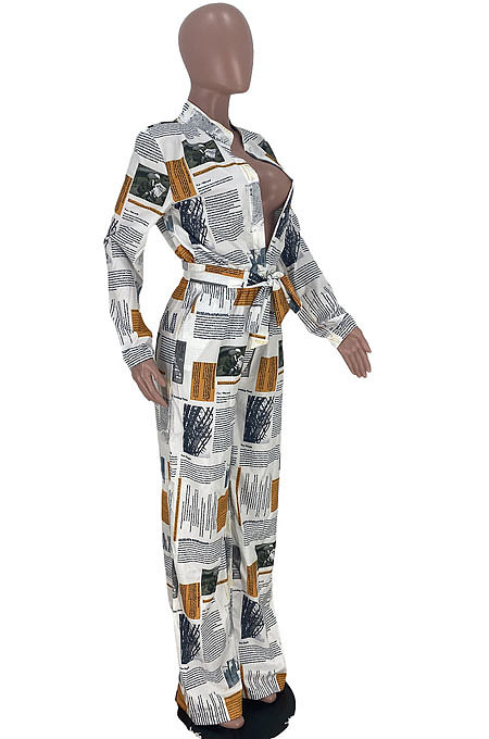 White Autumn Winter Digital Printing Long Sleeve Cardigan Shirts With Beltband Wide Leg Jumpsuits ARM8309-1