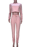 Gray Women Long Sleeve Round Collar Pure Color Crop Ruffle Pants Sets MDF5260-2