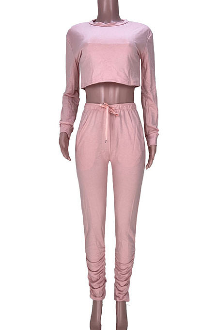 Gray Women Long Sleeve Round Collar Pure Color Crop Ruffle Pants Sets MDF5260-2
