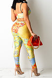 Pink Sexy Women Fashion Printing Tight Condole Belt Skinny Backless Long Pants Sets CCY9198-2