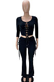 Blue Fashion Club Eyelet Bandage Long Sleeve Dew Waist Tops Mid Waist Flare Pants Solid Color Sets MLL177-1