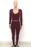 Wine Red Simple Ribber Long Sleeve V Neck Tops Pencil Pants Solid Color Sets HT6075-1
