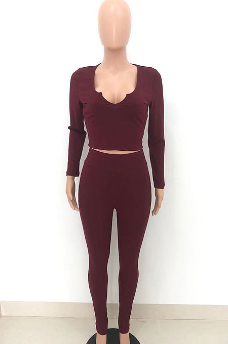 Wine Red Simple Ribber Long Sleeve V Neck Tops Pencil Pants Solid Color Sets HT6075-1