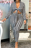 Pureple Casual Plaid Printing Long Sleeve Bandage Tops Pencil Pants Slim Fitting Sets SM9209-1