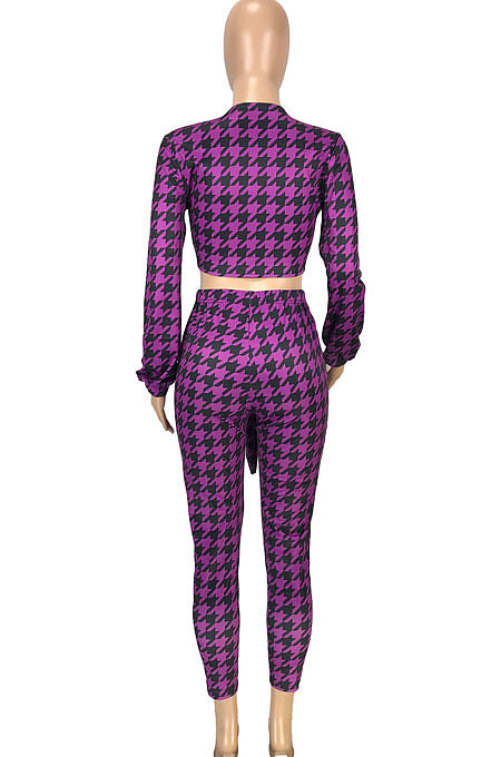 White Casual Plaid Printing Long Sleeve Bandage Tops Pencil Pants Slim Fitting Sets SM9209-3