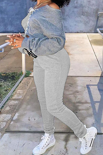 Gray Cotton Blend Casual Spliced Eyelet Bandage Crop Tops High Waist Ankle Banded Pants Sets SM9208-2