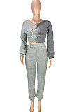 Royal Blue Cotton Blend Casual Spliced Eyelet Bandage Crop Tops High Waist Ankle Banded Pants Sets SM9208-3