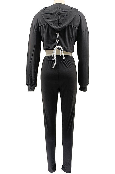 Khaki Women Sexy Autumn Winter Drawsting Pure Color Crop Tops Pants Sets KZ2143-3