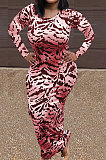Black Women Round Collar Long Sleeve Printing Tight Sexy Loose Waist Long Dress KZ2142-3