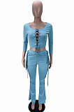 Blue Fashion Club Eyelet Bandage Long Sleeve Dew Waist Tops Mid Waist Flare Pants Solid Color Sets MLL177-1