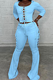 Yellow Fashion Club Eyelet Bandage Long Sleeve Dew Waist Tops Mid Waist Flare Pants Solid Color Sets MLL177-3