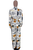 Coffee Autumn Winter Digital Printing Long Sleeve Cardigan Shirts With Beltband Wide Leg Jumpsuits ARM8309-1