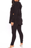 Black Cotton Blend Casual Long Sleeve Slit Hoodie Pencil Pants Slim Fitting Sets HH8942-1