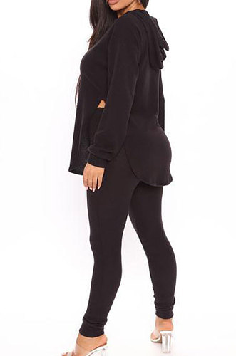 Black Cotton Blend Casual Long Sleeve Slit Hoodie Pencil Pants Slim Fitting Sets HH8942-1