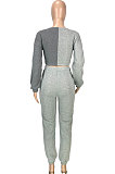 Royal Blue Cotton Blend Casual Spliced Eyelet Bandage Crop Tops High Waist Ankle Banded Pants Sets SM9208-3