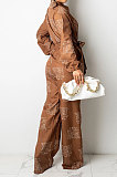 Coffee Autumn Winter Digital Printing Long Sleeve Cardigan Shirts With Beltband Wide Leg Jumpsuits ARM8309-1