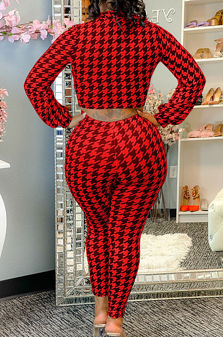 Pureple Casual Plaid Printing Long Sleeve Bandage Tops Pencil Pants Slim Fitting Sets SM9209-1