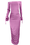 Purple Women Horn Sleeve  A Word Shoulder Pure Color Shirred Detail Long Dress JZH8088