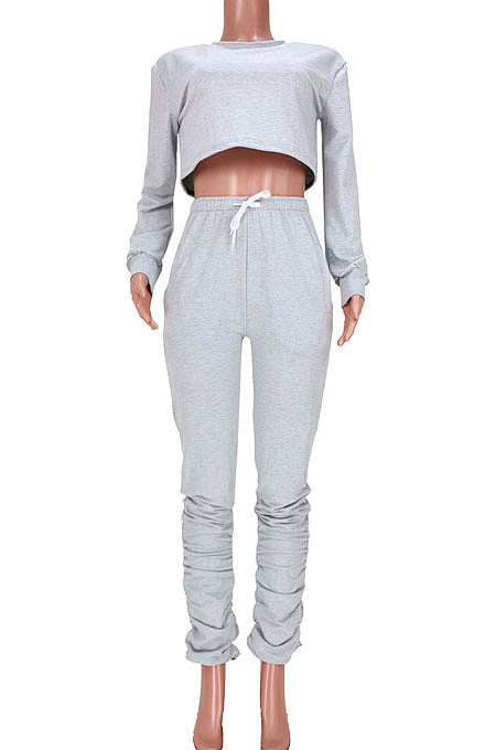 Gray Women Long Sleeve Round Collar Pure Color Crop Ruffle Pants Sets MDF5260-2