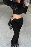 Black Autumn Winter New Long Sleeve Round Neck Dew Waist T-Shirts Flare Pants Solid Color Sets SM9207-1