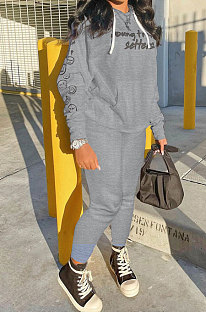 Gray Wholesale Newest Letter Printing Long Sleeve Loose Hoodie Ankle Banded Pants Sport Sets HT6078-3
