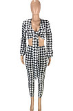 Red Casual Plaid Printing Long Sleeve Bandage Tops Pencil Pants Slim Fitting Sets SM9209-2