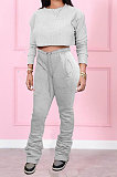 Pink Women Long Sleeve Round Collar Pure Color Crop Ruffle Pants Sets MDF5260-1