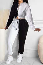 White Women Bandage Eyelet Color Matching Spliced Pants Sets MDF5259-1